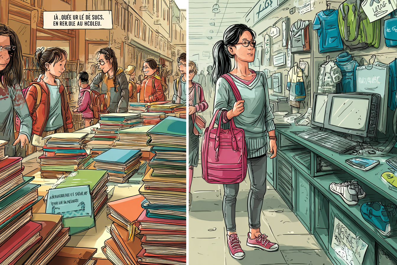 Illustration réaliste de l’utilisation de l’allocation de rentrée scolaire pour des achats scolaires et non scolaires comme des vêtements ou de l’électronique